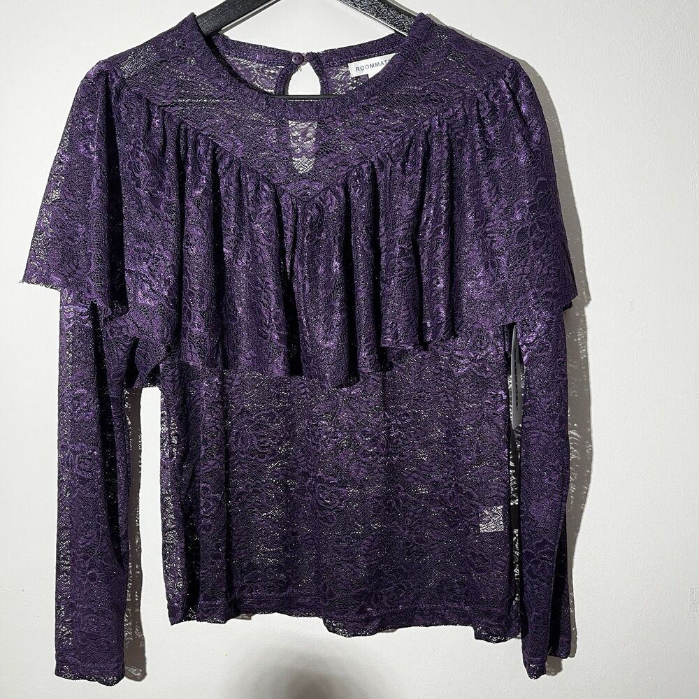Purple Whimsigoth Lace Sheer Ruffle Floral Long Sleeve Blouse Crew Neck Size L
